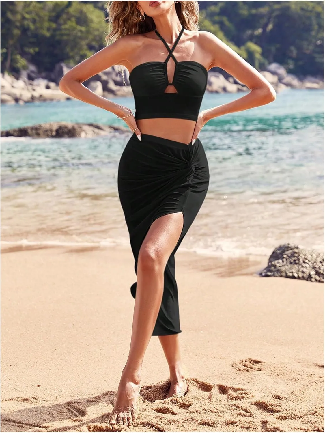 Milumia Women 2 Piece Vacation Outfits Crisscross Halter Crop Top and Twisted Midi Skirt Sets