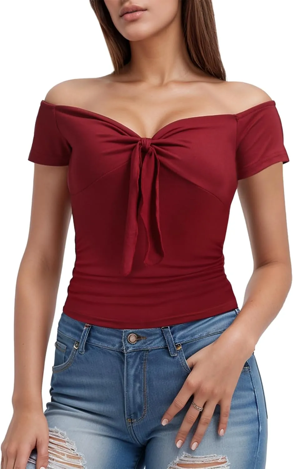 Off The Shoulder Twist Front Tops for Women Strapless Ruched Tops Cap Sleeve Twist Knot Front Slim Fit Sexy Tops