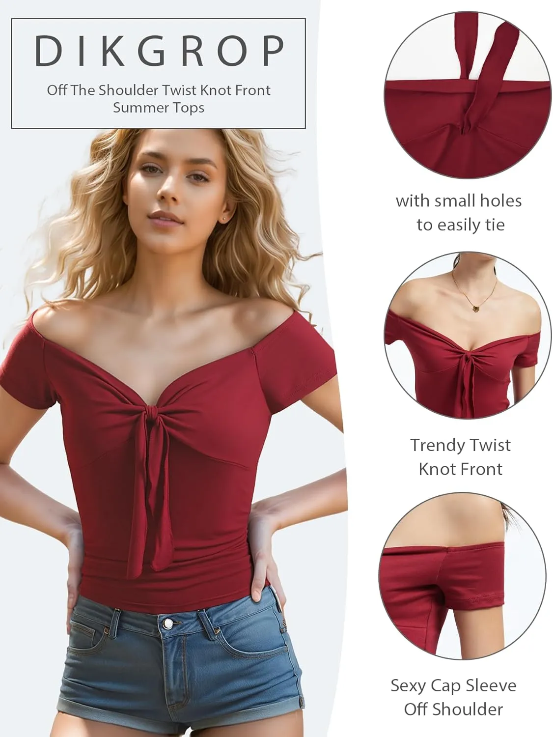 Off The Shoulder Twist Front Tops for Women Strapless Ruched Tops Cap Sleeve Twist Knot Front Slim Fit Sexy Tops