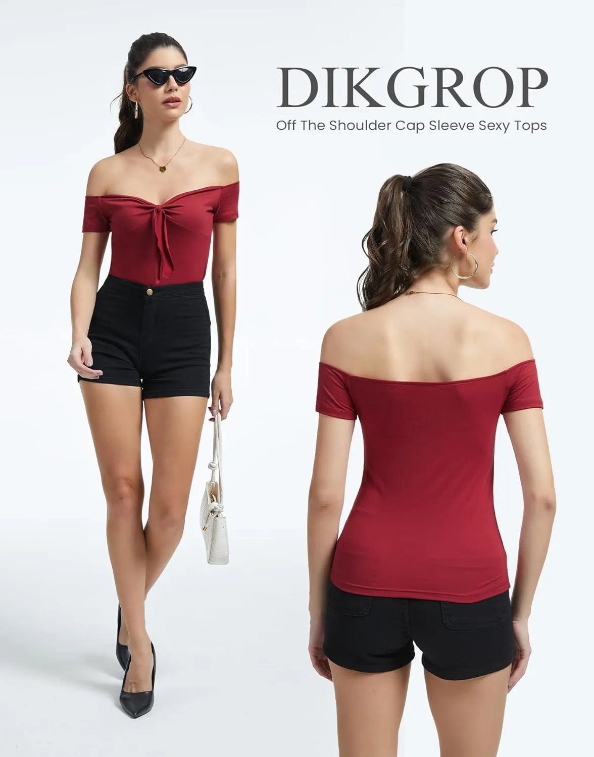 Off The Shoulder Twist Front Tops for Women Strapless Ruched Tops Cap Sleeve Twist Knot Front Slim Fit Sexy Tops