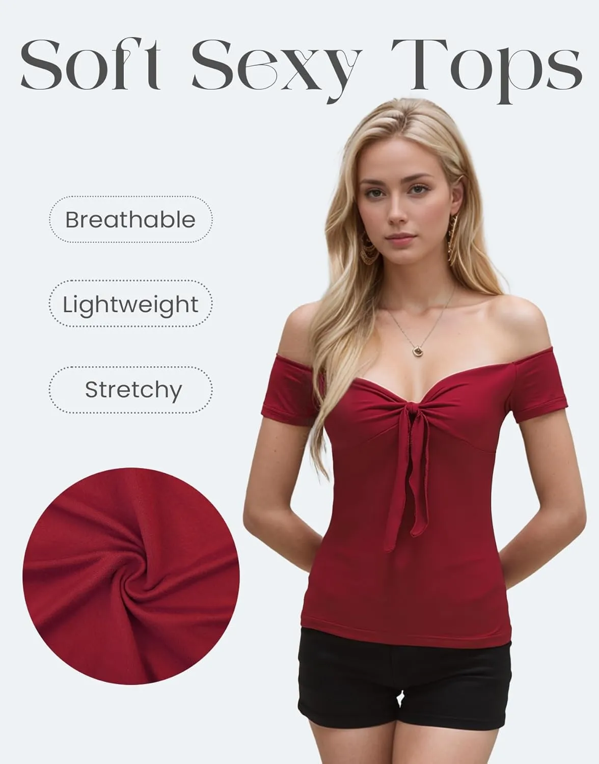 Off The Shoulder Twist Front Tops for Women Strapless Ruched Tops Cap Sleeve Twist Knot Front Slim Fit Sexy Tops
