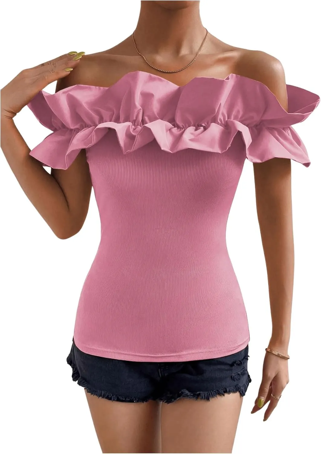 OYOANGLE Women's Ruffle Trim Off Shoulder Short Sleeve Blouse Party Tops Shirt