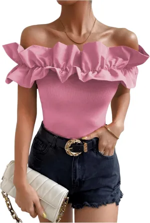 OYOANGLE Women's Ruffle Trim Off Shoulder Short Sleeve Blouse Party Tops Shirt