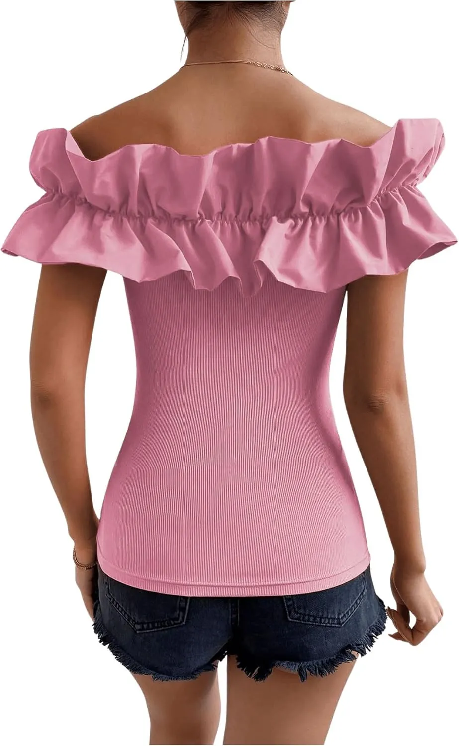 OYOANGLE Women's Ruffle Trim Off Shoulder Short Sleeve Blouse Party Tops Shirt