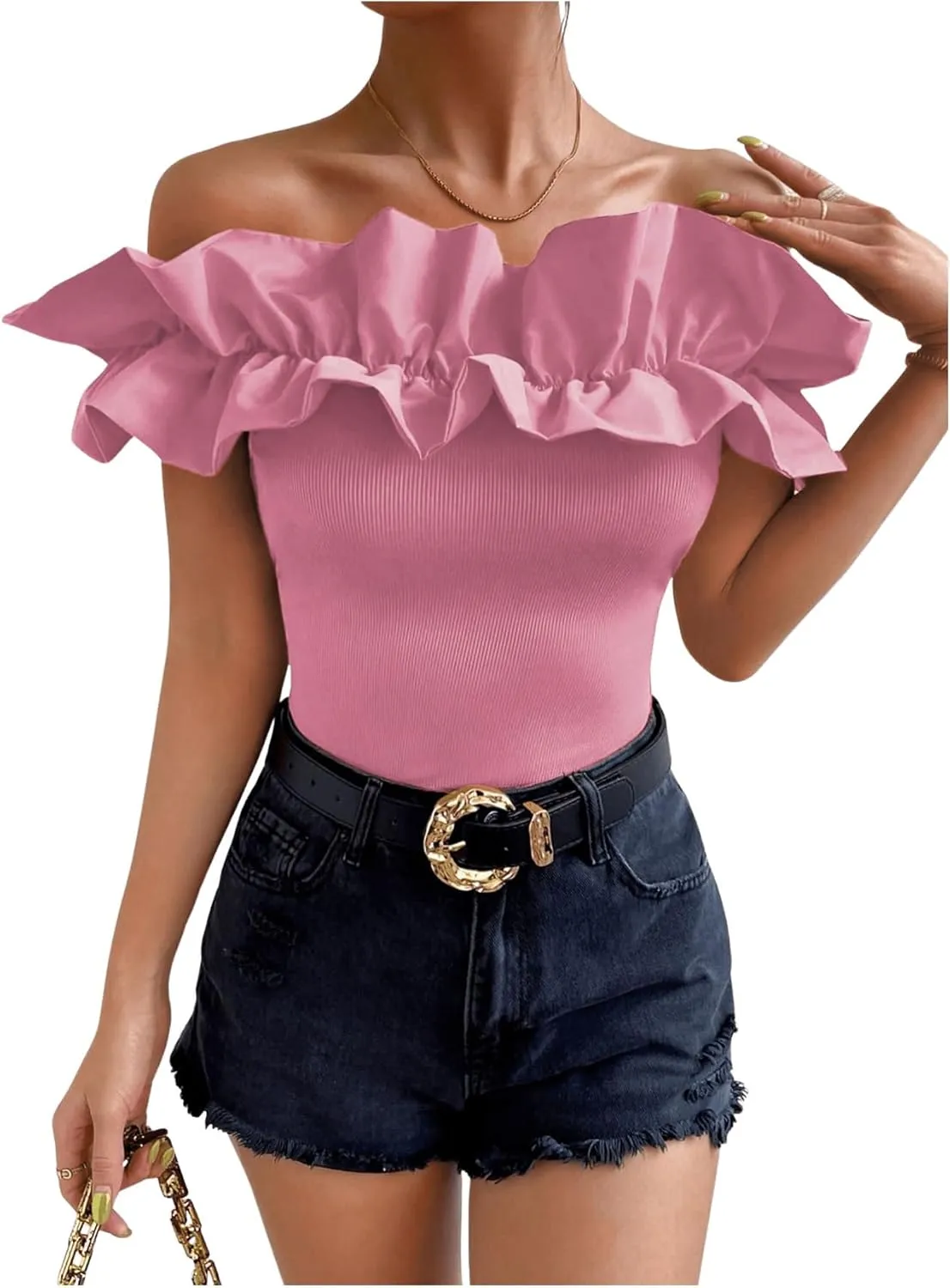 OYOANGLE Women's Ruffle Trim Off Shoulder Short Sleeve Blouse Party Tops Shirt