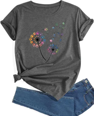 Plus Size Dandelion Graphic Tees for Women Sunflower T Shirt for Women O Neck Short Sleeve Top Tees