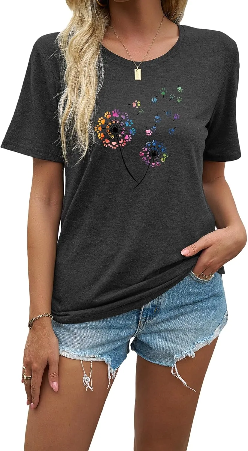 Plus Size Dandelion Graphic Tees for Women Sunflower T Shirt for Women O Neck Short Sleeve Top Tees