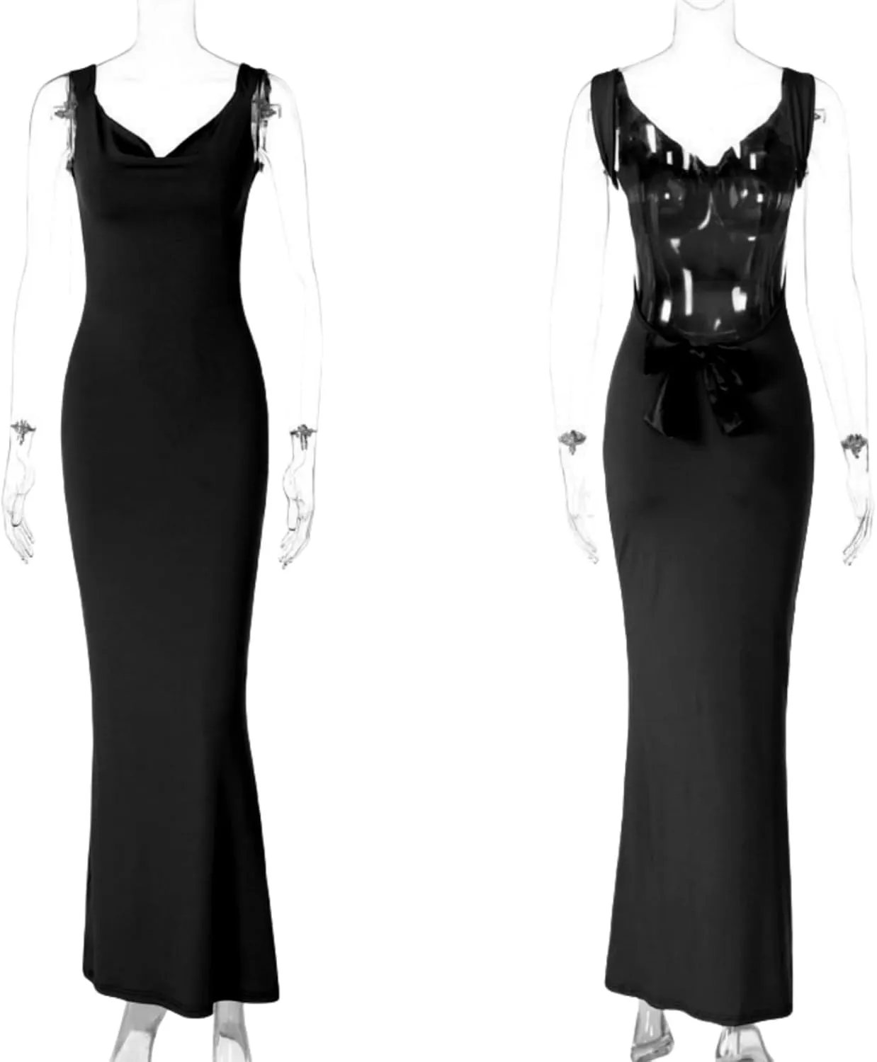 RARITYUS Womens Elegant Satin Bow Maxi Dress Sexy Cowl Neck Backless Wedding Guest Dress Cocktail Party Evening Gown