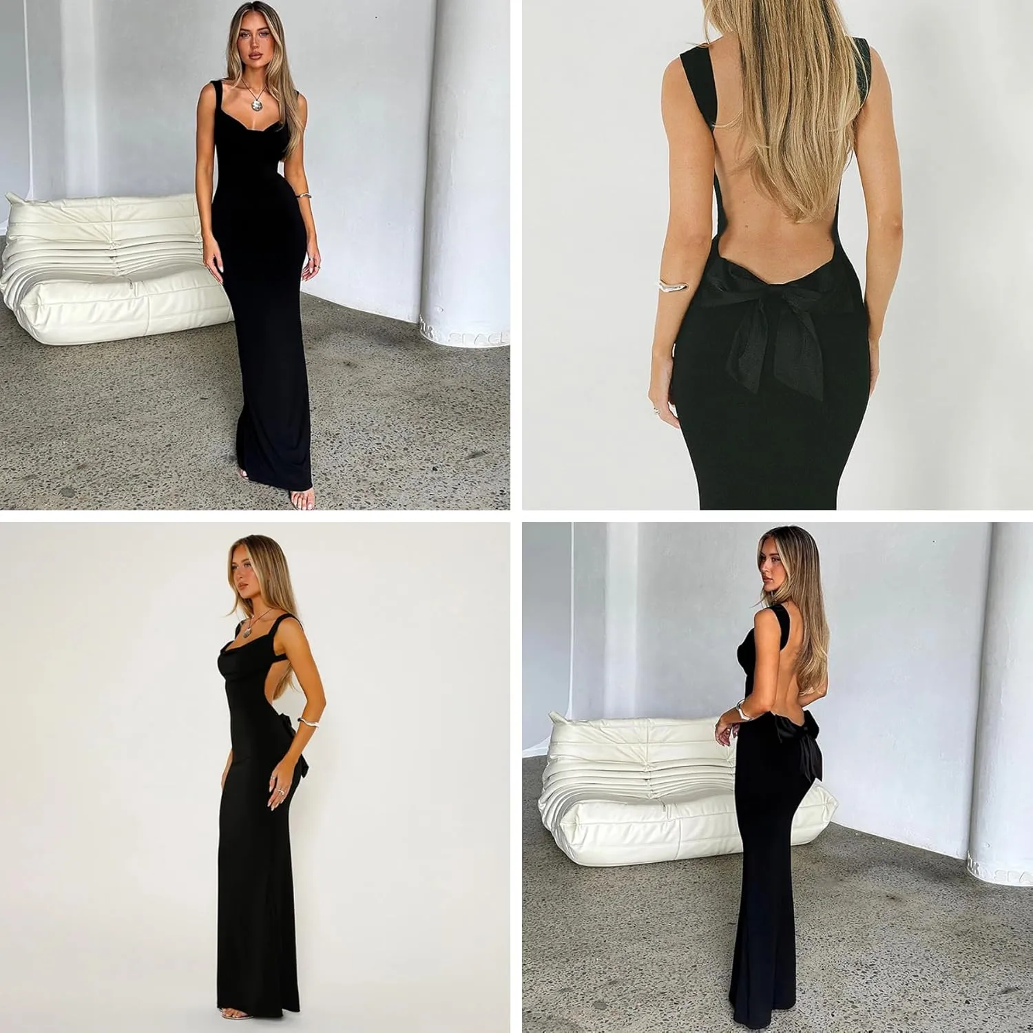 RARITYUS Womens Elegant Satin Bow Maxi Dress Sexy Cowl Neck Backless Wedding Guest Dress Cocktail Party Evening Gown