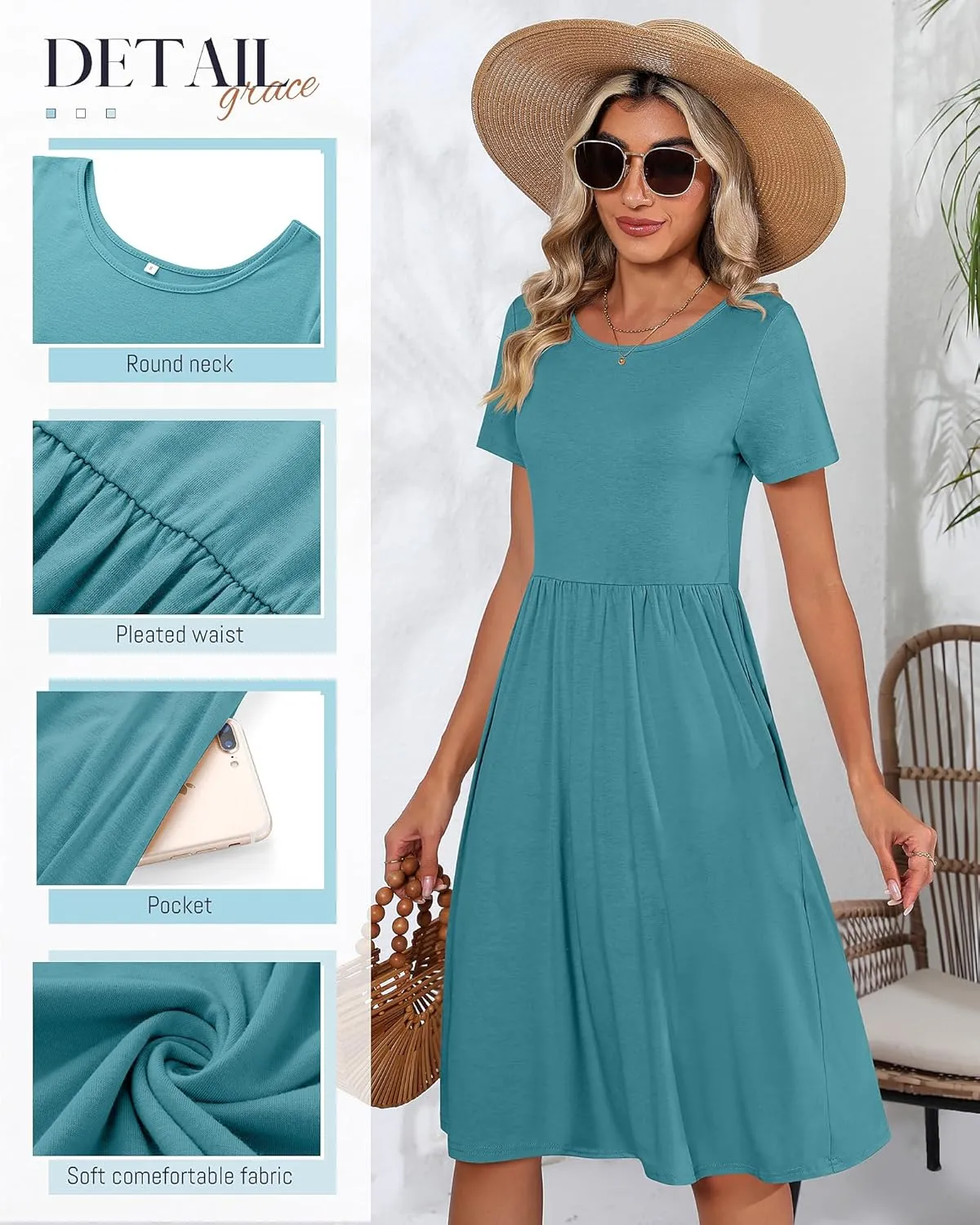 Riyiper 2 Pack Women Short Sleeve Dresses, Loose Fit Casual T Shirt Dress, Ladies Knee Length Swing Dress with Pockets