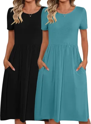 Riyiper 2 Pack Women Short Sleeve Dresses, Loose Fit Casual T Shirt Dress, Ladies Knee Length Swing Dress with Pockets