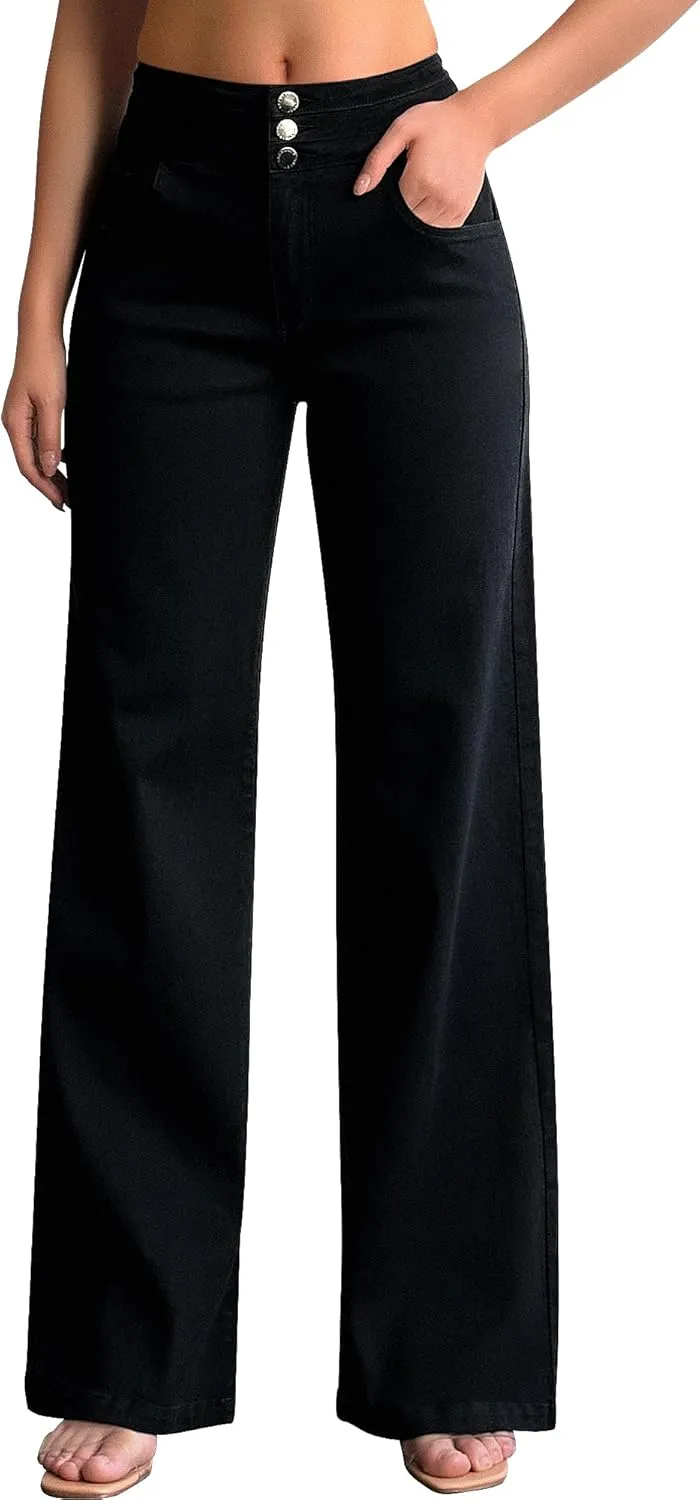 roswear Women's Wide Leg Jeans Casual High Waisted Stretch Baggy Loose Denim Pants