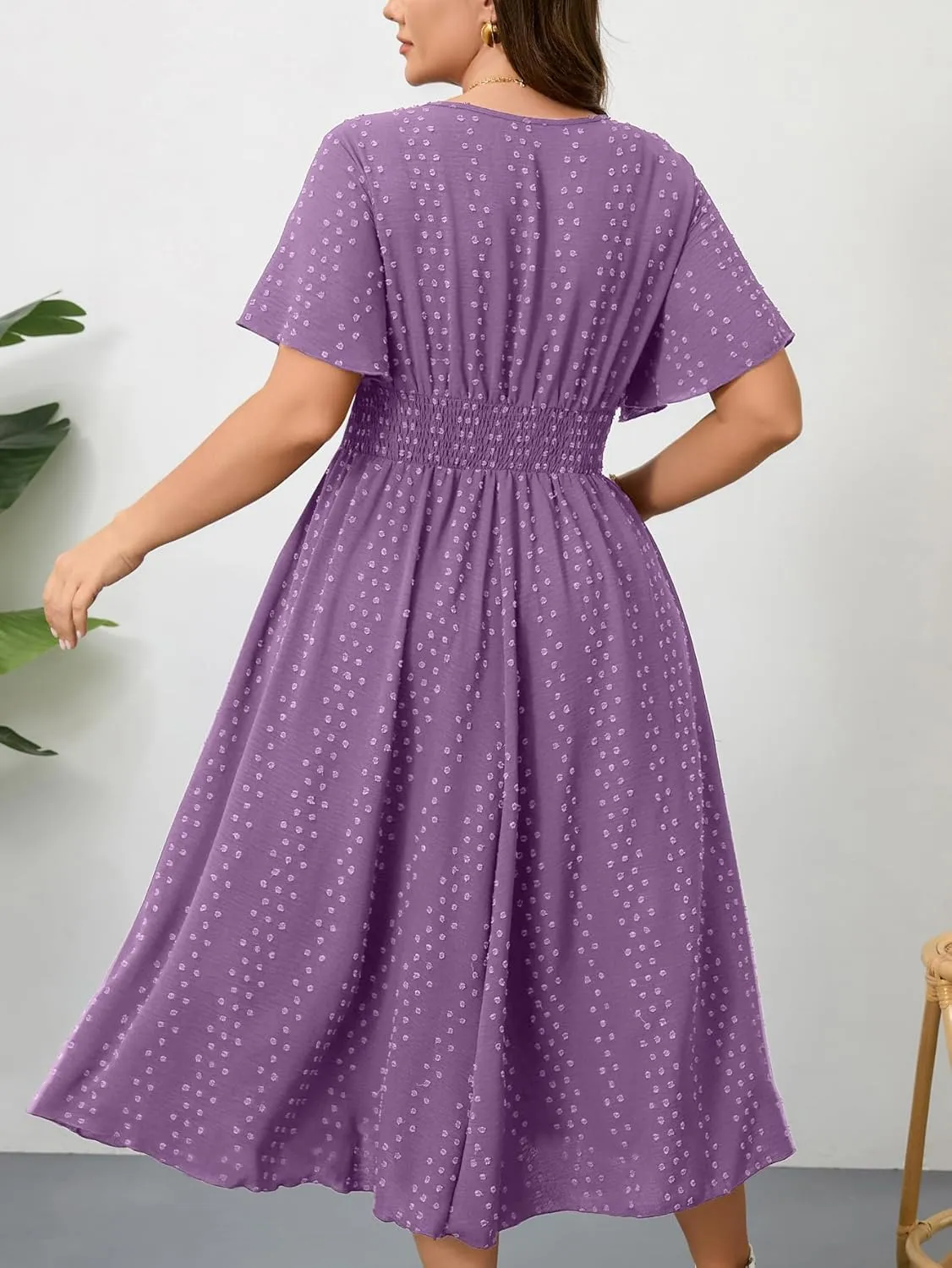 RWJ Women's Plus Size Maxi Dress V Neck Short Sleeve Swiss Dot A Line High Waist Boho Swing Casual Summer Dresses 2025