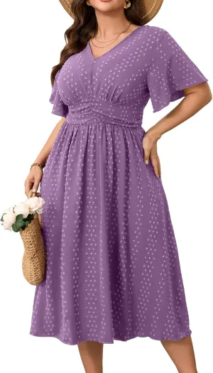RWJ Women's Plus Size Maxi Dress V Neck Short Sleeve Swiss Dot A Line High Waist Boho Swing Casual Summer Dresses 2025