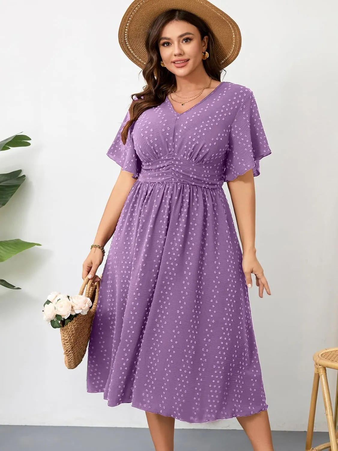 RWJ Women's Plus Size Maxi Dress V Neck Short Sleeve Swiss Dot A Line High Waist Boho Swing Casual Summer Dresses 2025
