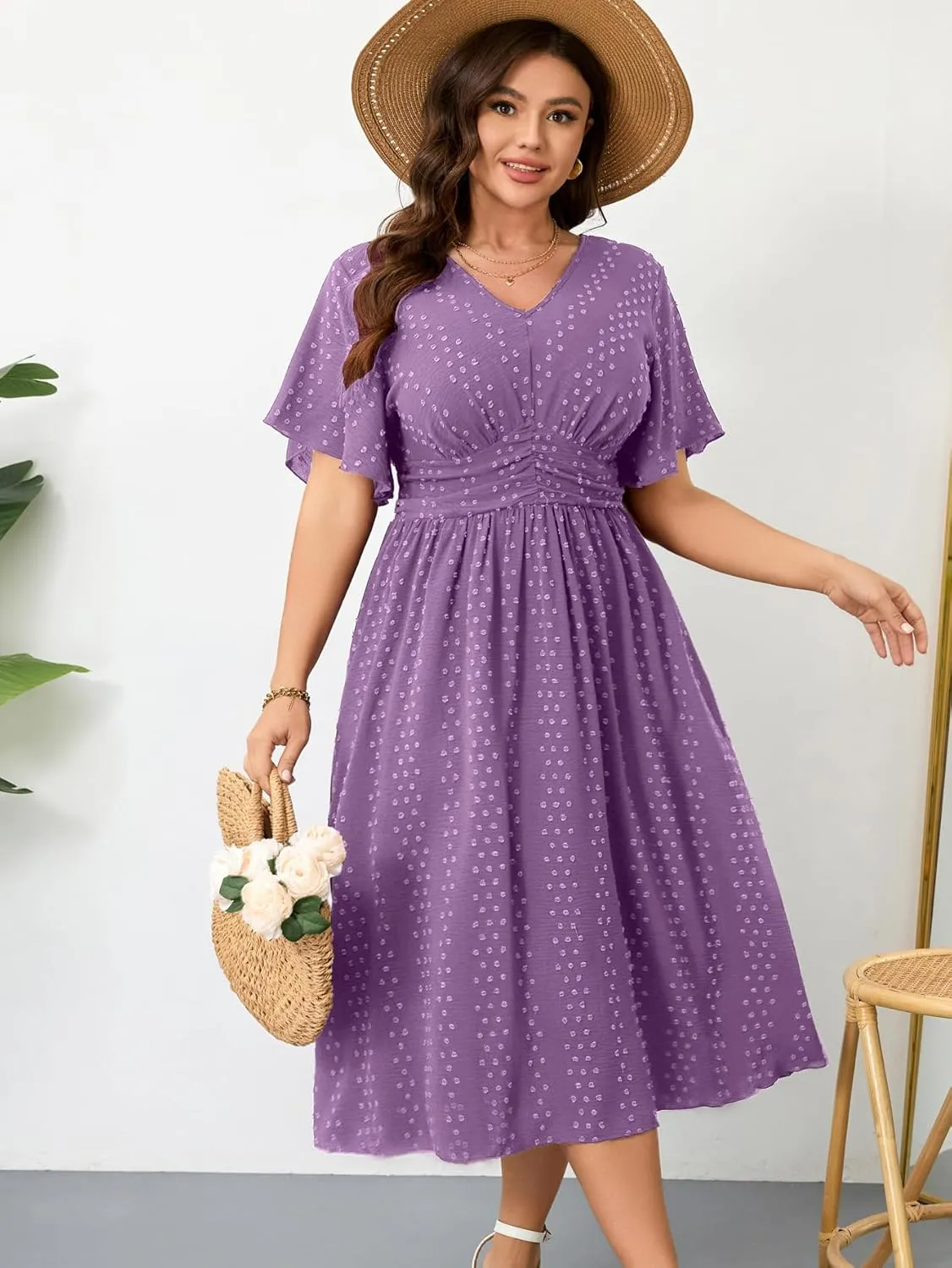 RWJ Women's Plus Size Maxi Dress V Neck Short Sleeve Swiss Dot A Line High Waist Boho Swing Casual Summer Dresses 2025