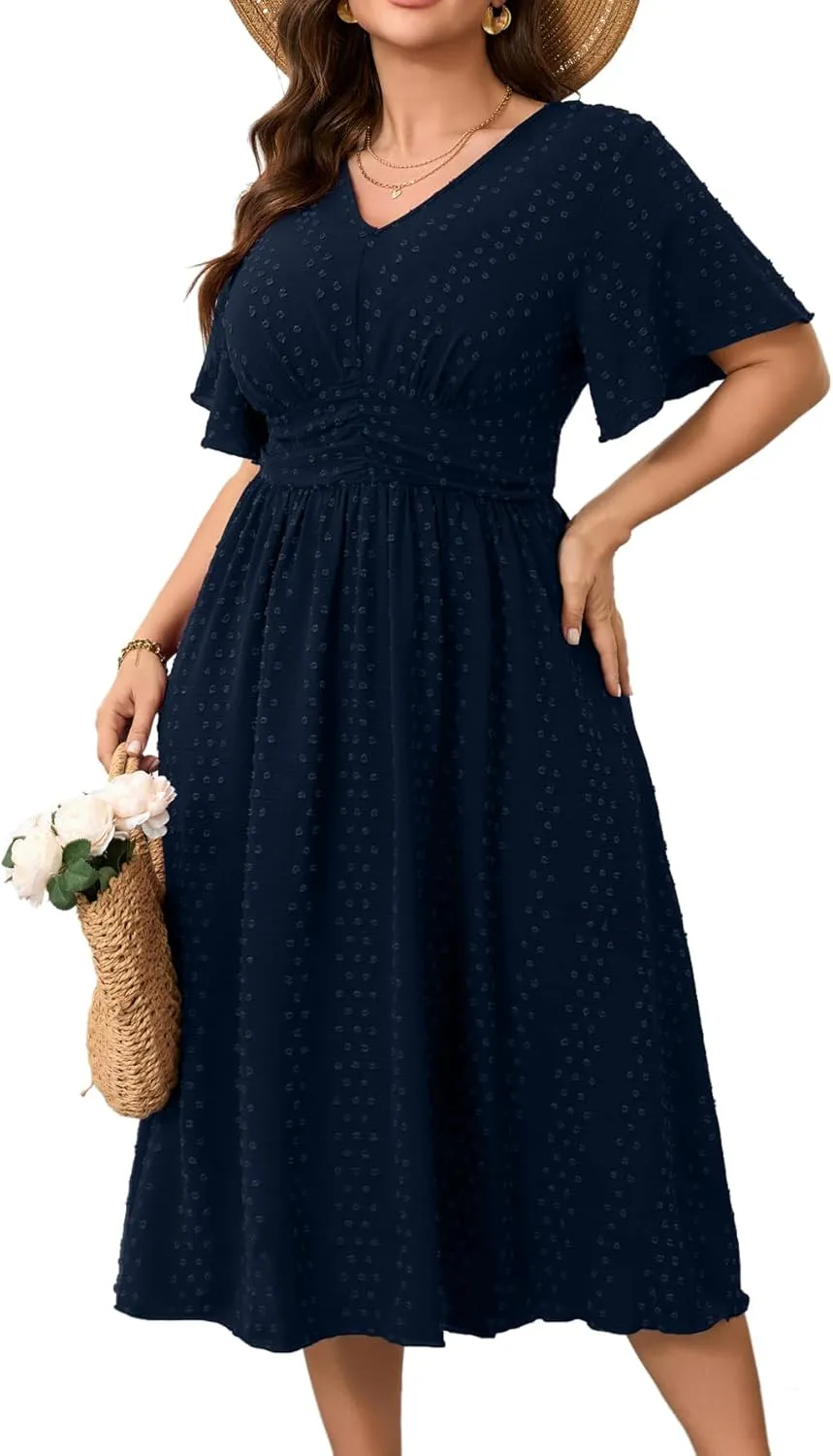 RWJ Women's Plus Size Maxi Dress V Neck Short Sleeve Swiss Dot A Line High Waist Boho Swing Casual Summer Dresses 2025