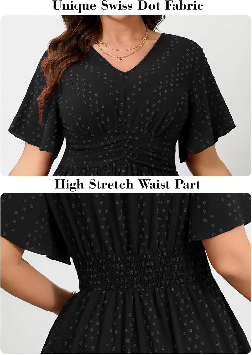 RWJ Women's Plus Size Maxi Dress V Neck Short Sleeve Swiss Dot A Line High Waist Boho Swing Casual Summer Dresses 2025