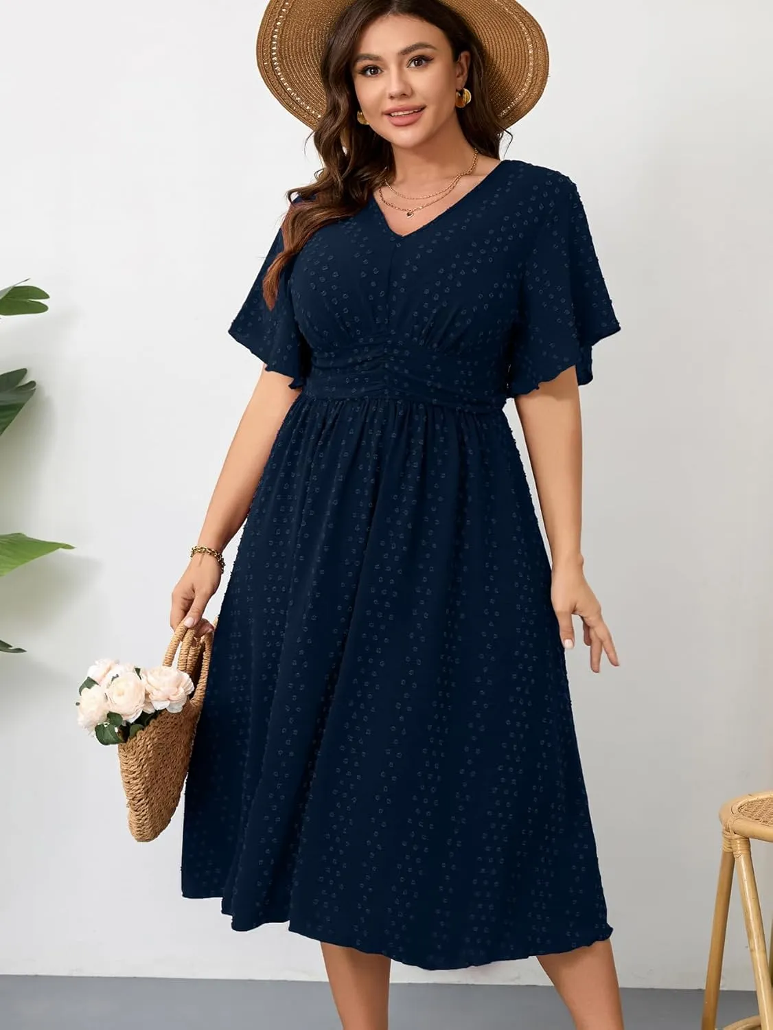 RWJ Women's Plus Size Maxi Dress V Neck Short Sleeve Swiss Dot A Line High Waist Boho Swing Casual Summer Dresses 2025