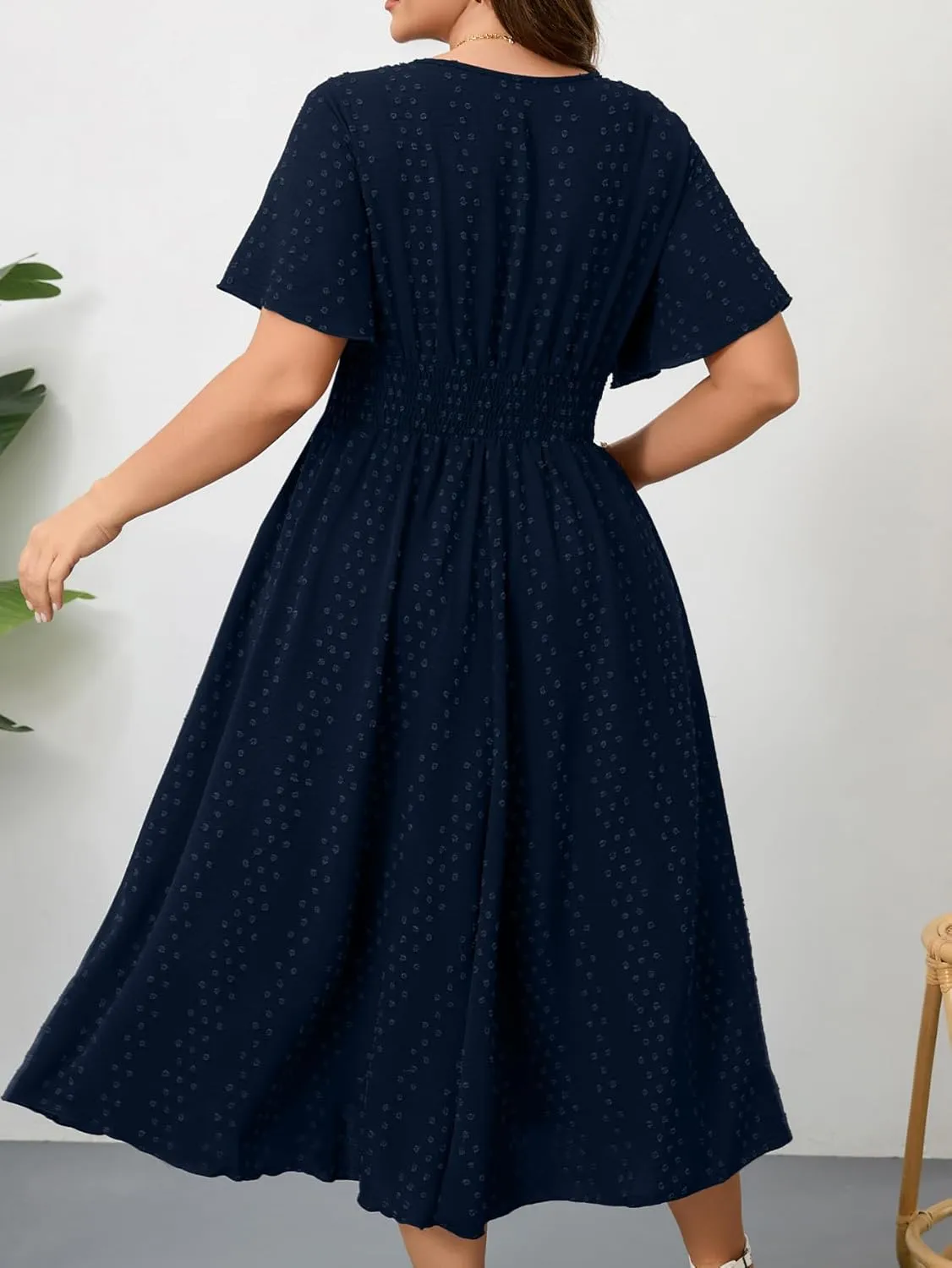 RWJ Women's Plus Size Maxi Dress V Neck Short Sleeve Swiss Dot A Line High Waist Boho Swing Casual Summer Dresses 2025