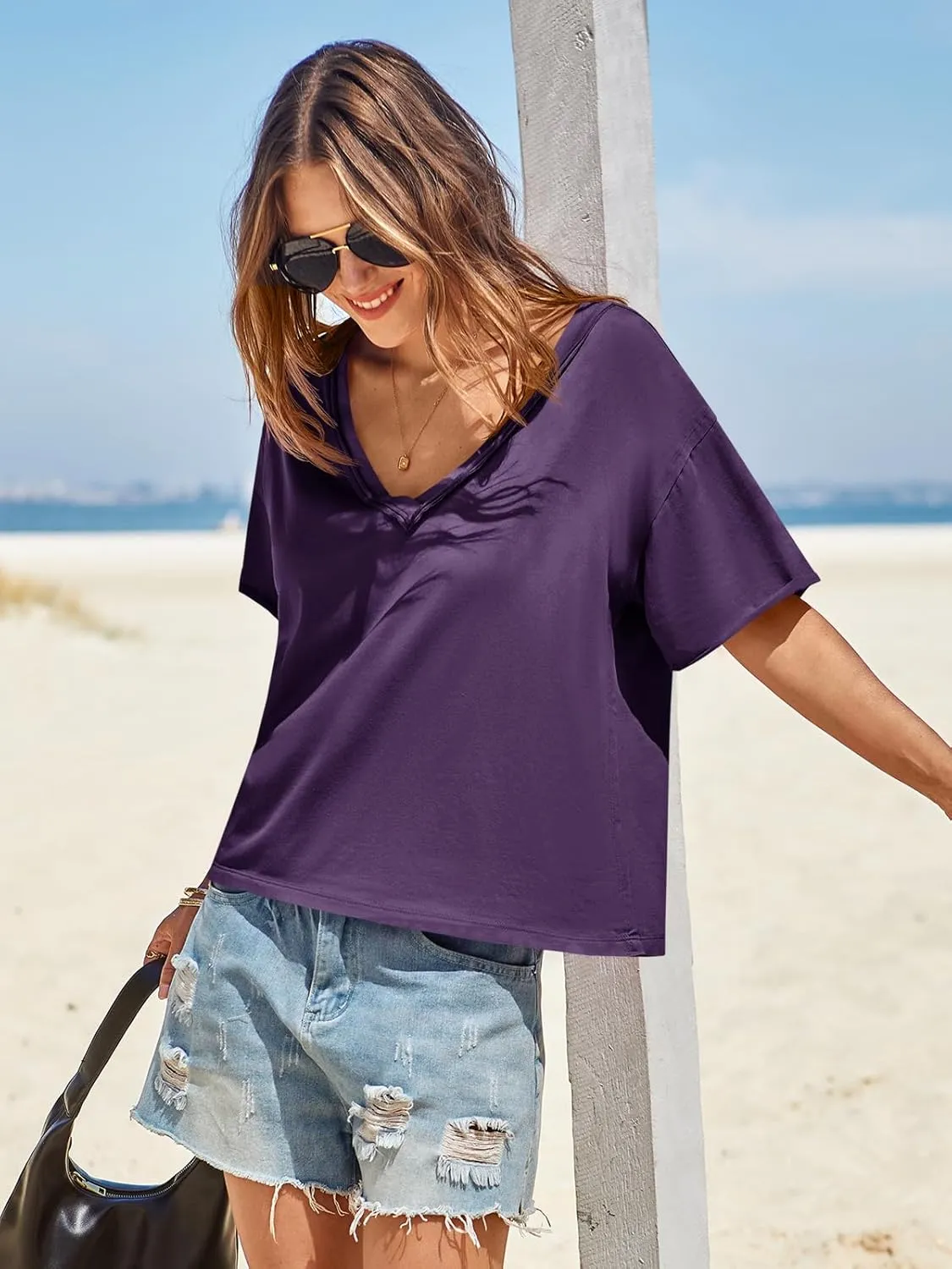 Tankaneo Womens Oversized Tshirts Deep V Neck Short Sleeve Tops Summer Casual Loose Fit Tunic Tee Shirt