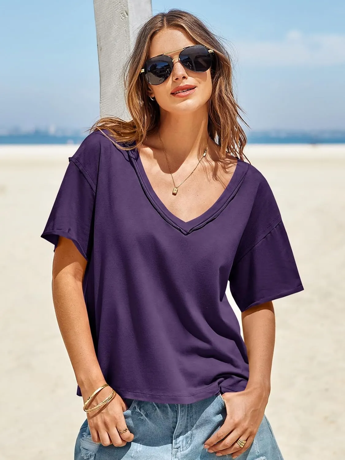 Tankaneo Womens Oversized Tshirts Deep V Neck Short Sleeve Tops Summer Casual Loose Fit Tunic Tee Shirt