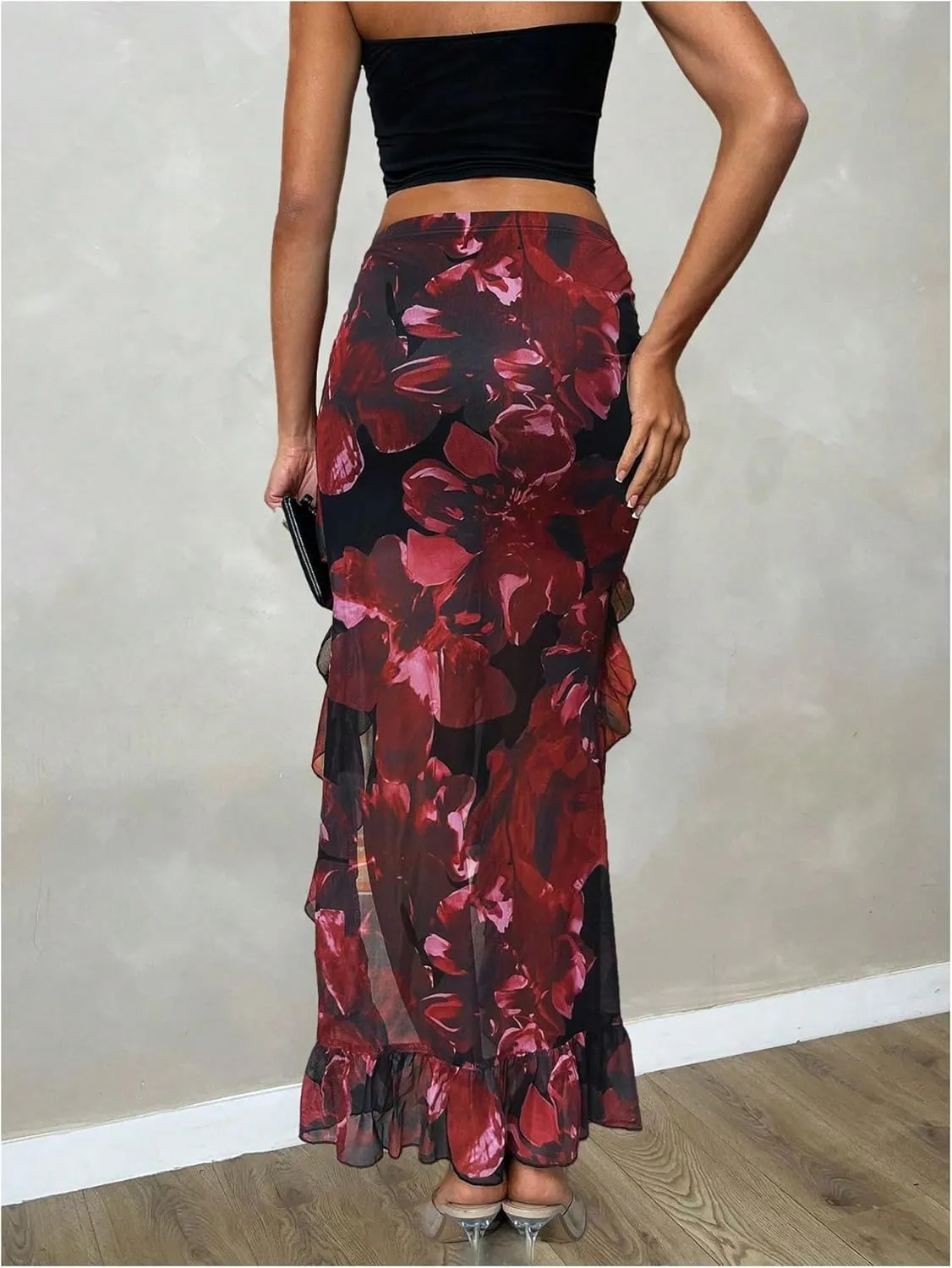 Verdusa Women's Floral Print Asymmetrical Split Ruffle Skirt Ruched Flowy Holiday Skirt