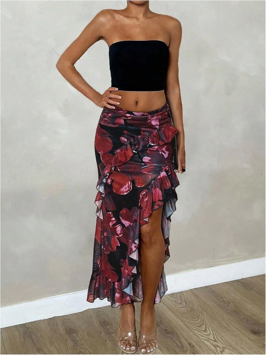 Verdusa Women's Floral Print Asymmetrical Split Ruffle Skirt Ruched Flowy Holiday Skirt