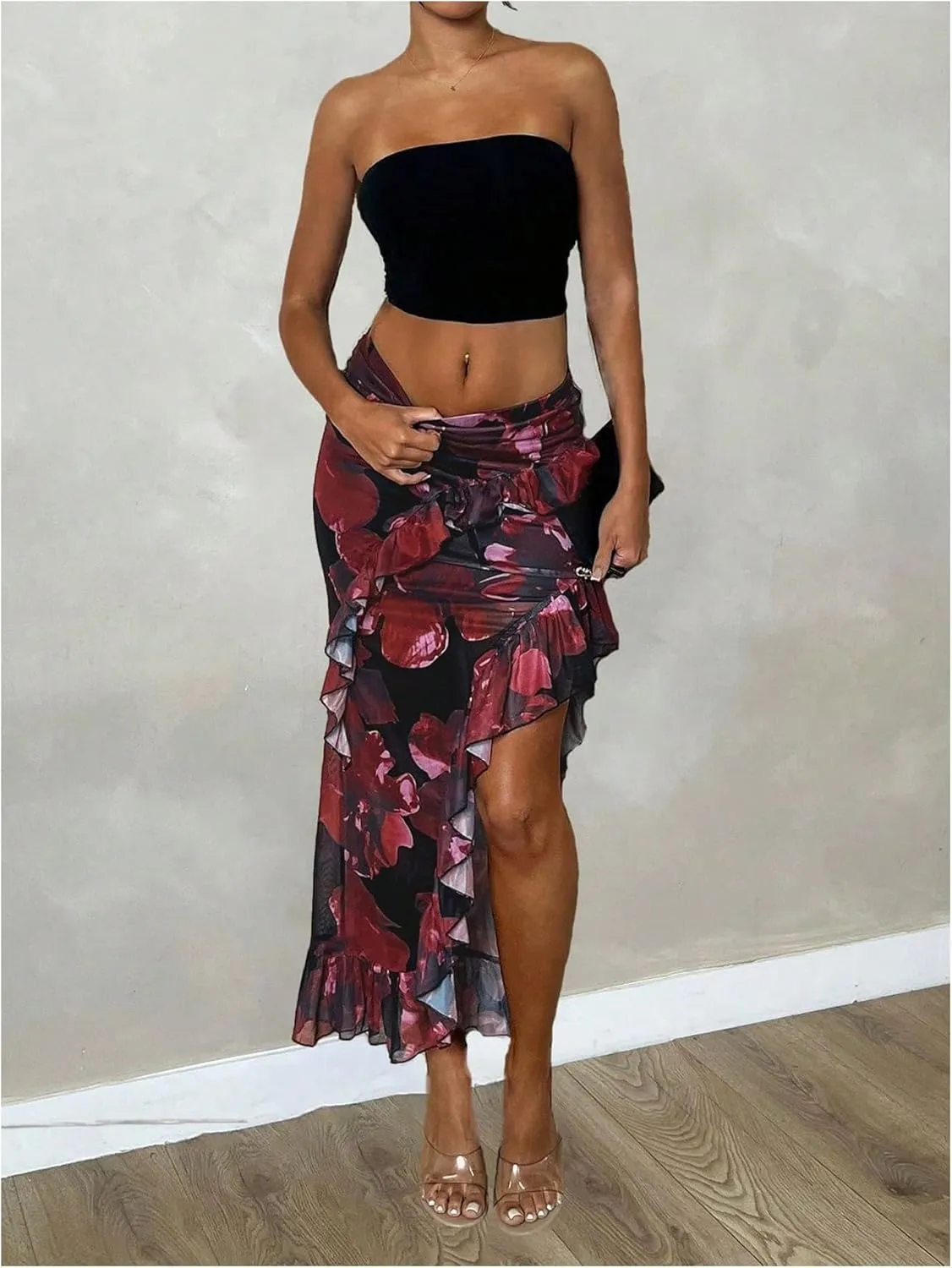 Verdusa Women's Floral Print Asymmetrical Split Ruffle Skirt Ruched Flowy Holiday Skirt