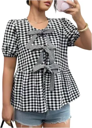 WDIRARA Women's Floral Print Bow Tie Front Blouse Puff Short Sleeve Round Neck Peplum Babydoll Shirt
