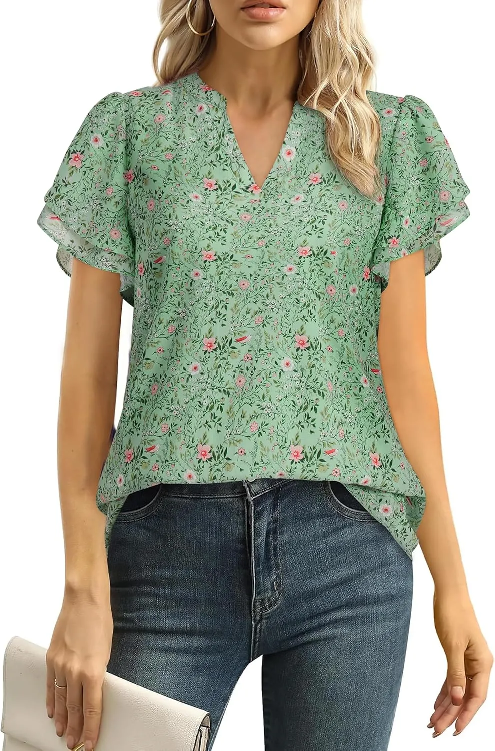 Women Tops Dressy Casual Short Sleeve Blouses Petal Ruffle Shirts V Neck Chiffon Work Business Tunic Double Layer
