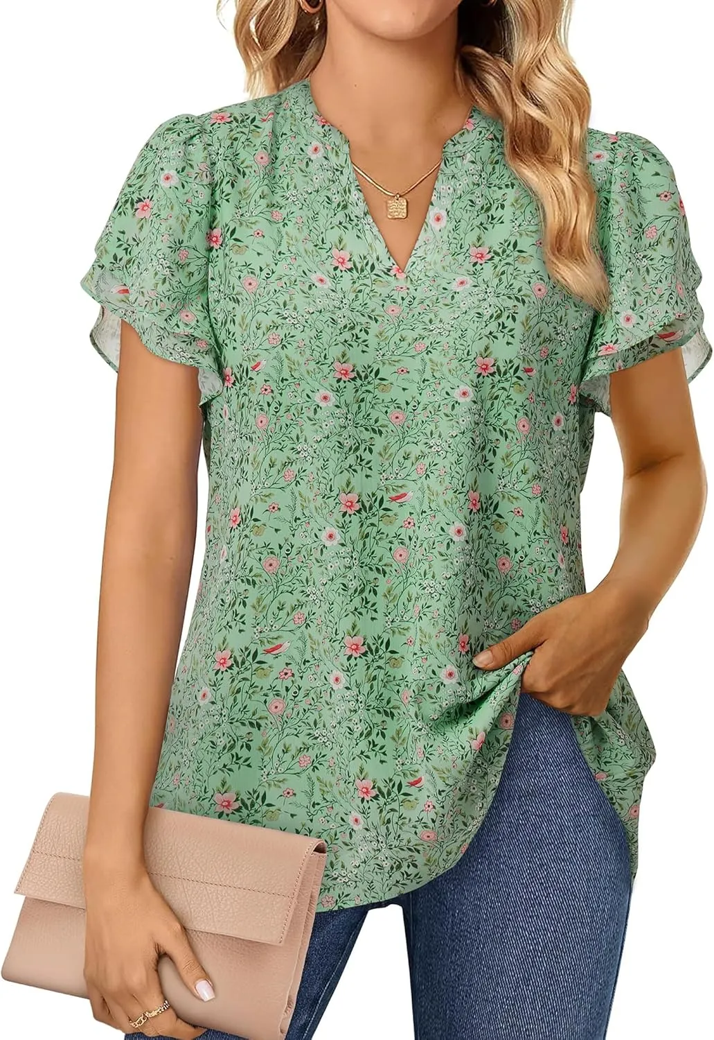 Women Tops Dressy Casual Short Sleeve Blouses Petal Ruffle Shirts V Neck Chiffon Work Business Tunic Double Layer