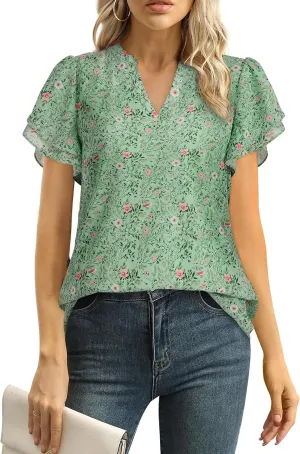 Women Tops Dressy Casual Short Sleeve Blouses Petal Ruffle Shirts V Neck Chiffon Work Business Tunic Double Layer