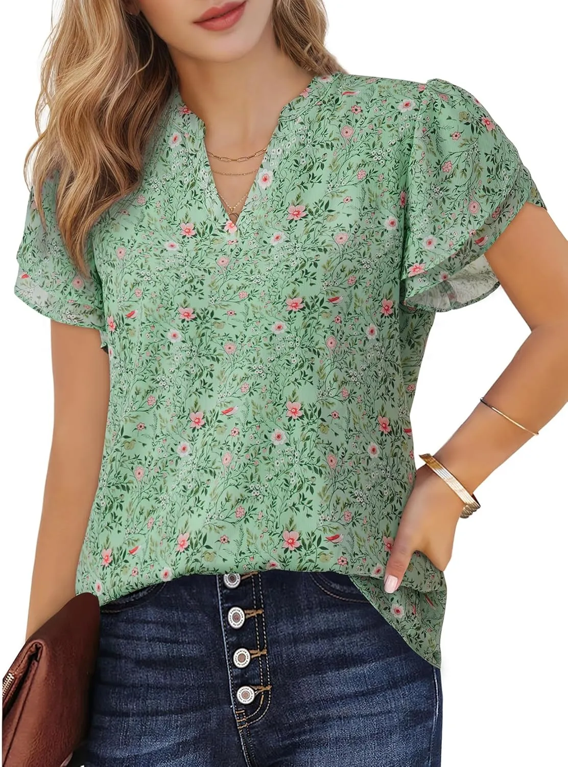 Women Tops Dressy Casual Short Sleeve Blouses Petal Ruffle Shirts V Neck Chiffon Work Business Tunic Double Layer