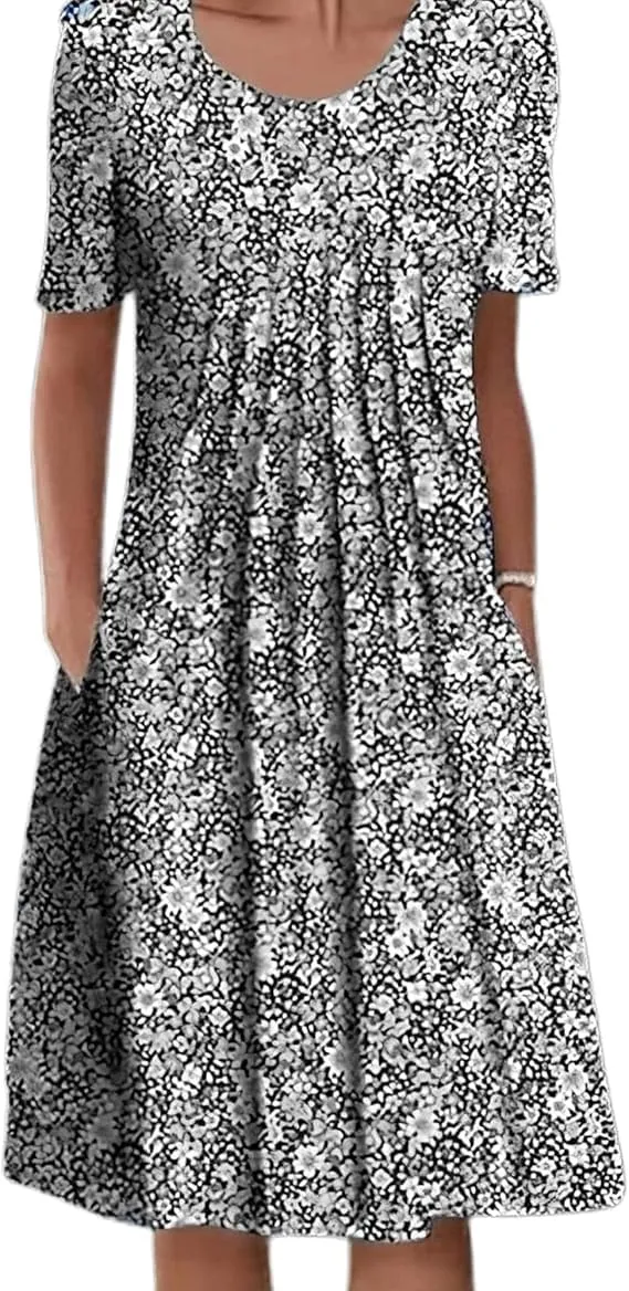 Women's Boho Dress Floral Print Short Sleeve T Shirt Dress 2025 Summer Casual Loose Swing Midi Dresses with Pockets