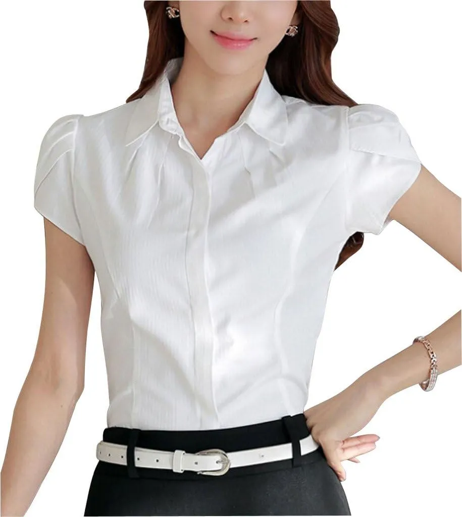 Women's Cotton Collared Business Casual Button Down Blouse Tulip Sleeve Shirt