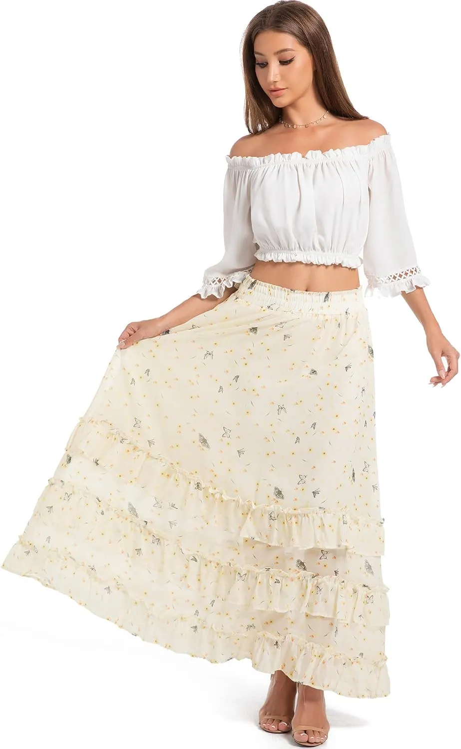Women's Floral Maxi Skirt Chiffon Elastic High Waist A-Line Long Skirt Flowy Summer Skirts for Beach Party Holiday