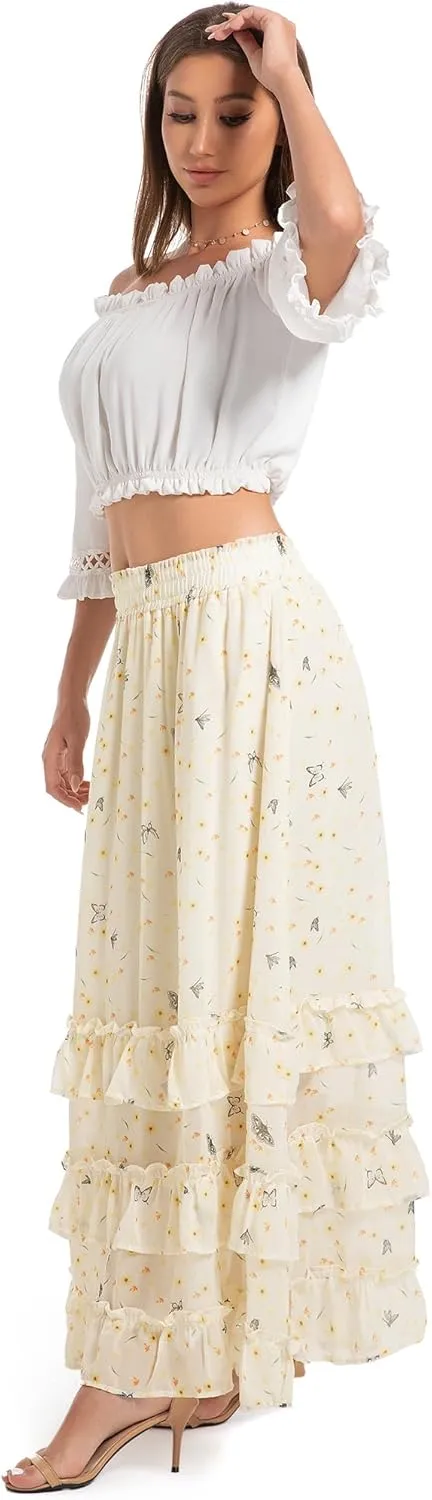 Women's Floral Maxi Skirt Chiffon Elastic High Waist A-Line Long Skirt Flowy Summer Skirts for Beach Party Holiday