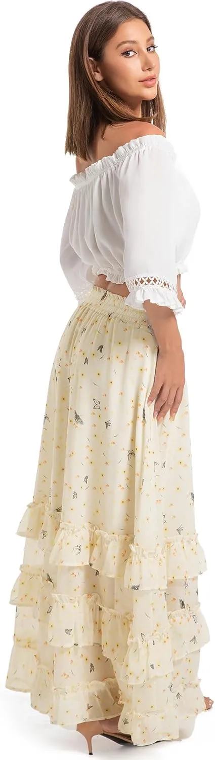 Women's Floral Maxi Skirt Chiffon Elastic High Waist A-Line Long Skirt Flowy Summer Skirts for Beach Party Holiday