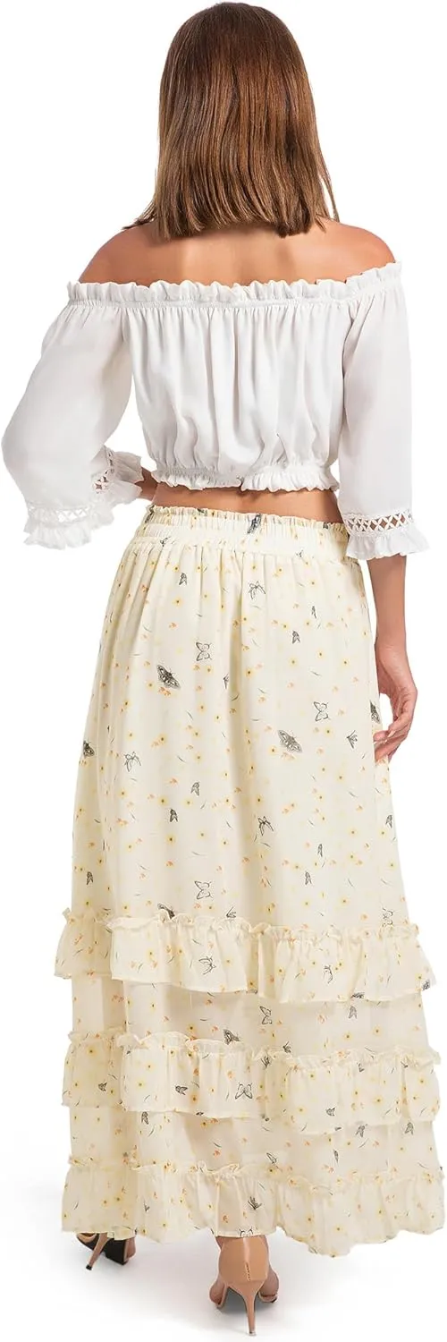 Women's Floral Maxi Skirt Chiffon Elastic High Waist A-Line Long Skirt Flowy Summer Skirts for Beach Party Holiday