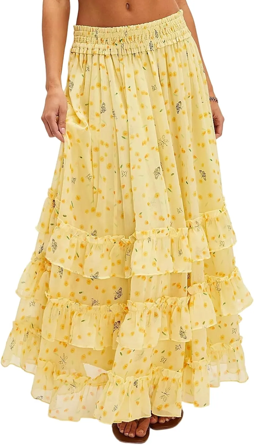 Women's Floral Maxi Skirt Chiffon Elastic High Waist A-Line Long Skirt Flowy Summer Skirts for Beach Party Holiday