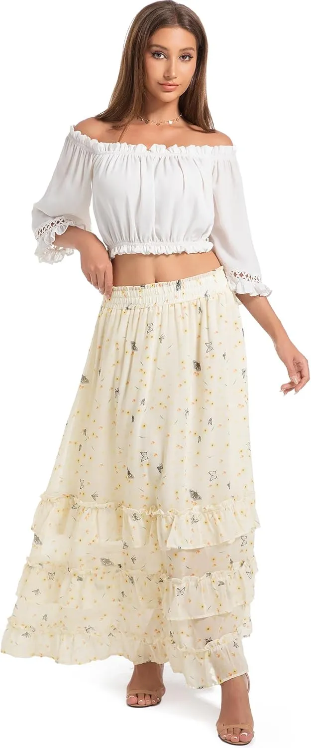 Women's Floral Maxi Skirt Chiffon Elastic High Waist A-Line Long Skirt Flowy Summer Skirts for Beach Party Holiday