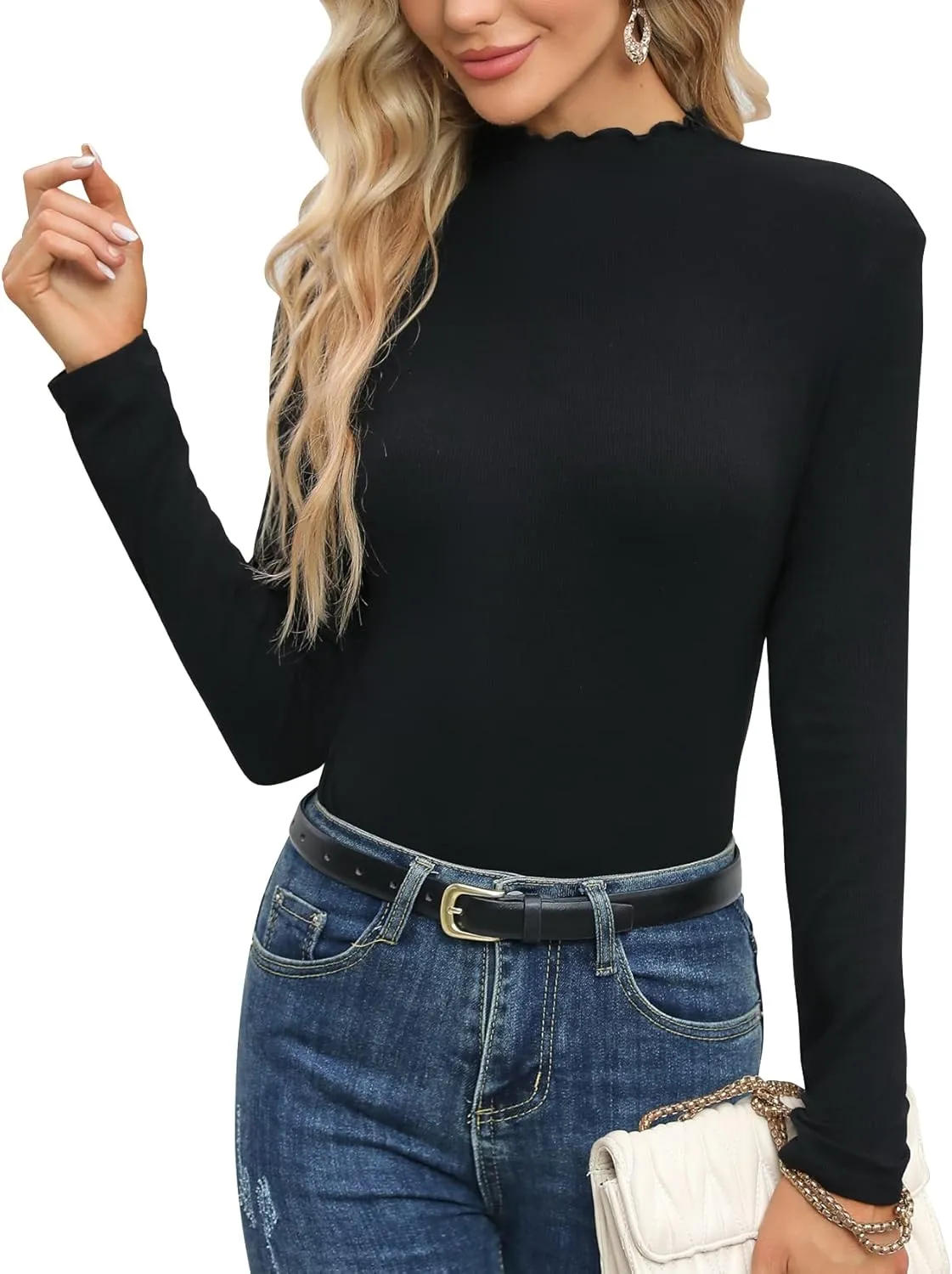 Women's Lettuce Trim Mock Neck Long Sleeve Slim Fit Sexy Ribbed Knit Tee Shirt Tops