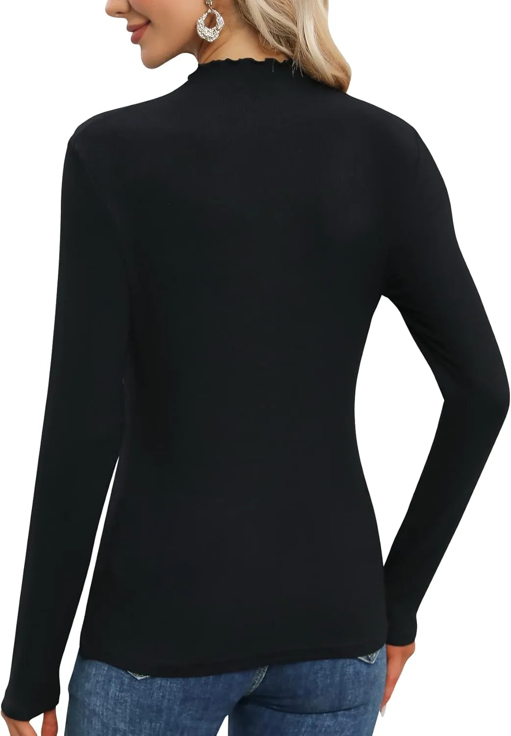 Women's Lettuce Trim Mock Neck Long Sleeve Slim Fit Sexy Ribbed Knit Tee Shirt Tops