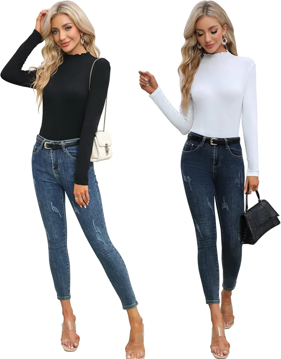 Women's Lettuce Trim Mock Neck Long Sleeve Slim Fit Sexy Ribbed Knit Tee Shirt Tops