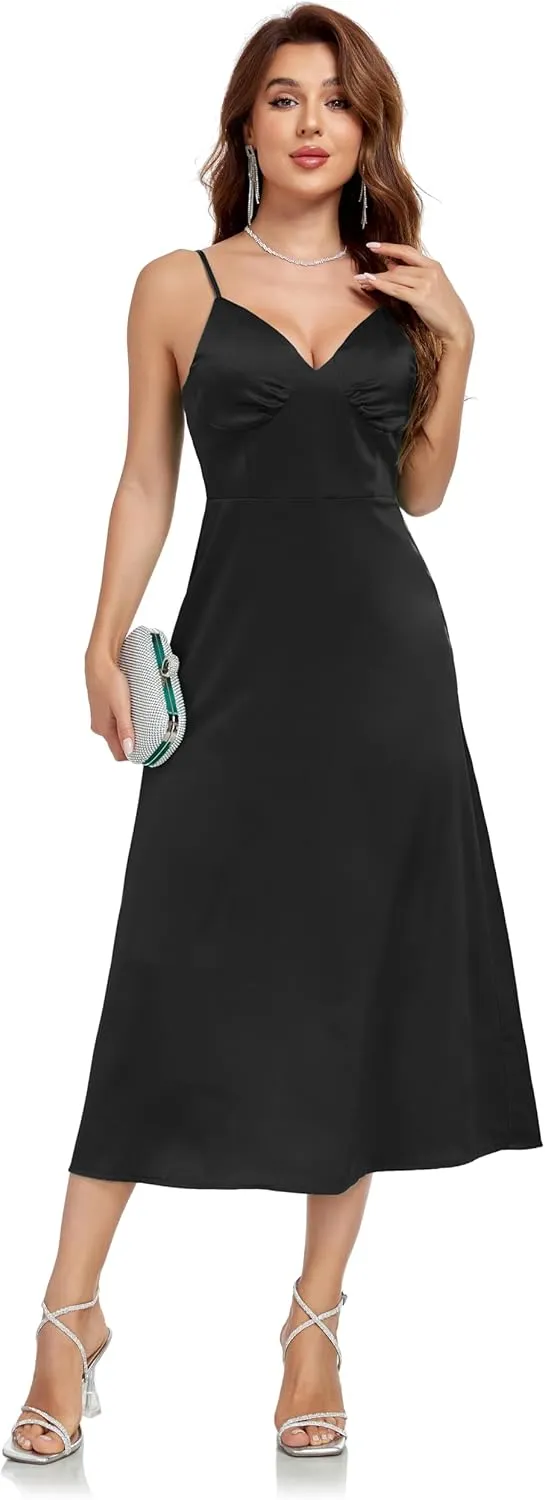 Women's Spaghetti Strap Midi Satin Silk Dress Slip V Neck Cocktail Casual Party Sexy Summer Dresses