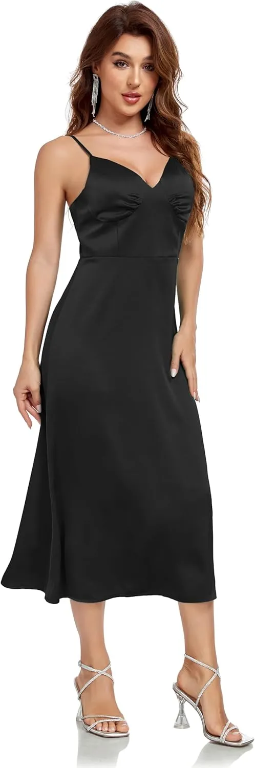 Women's Spaghetti Strap Midi Satin Silk Dress Slip V Neck Cocktail Casual Party Sexy Summer Dresses