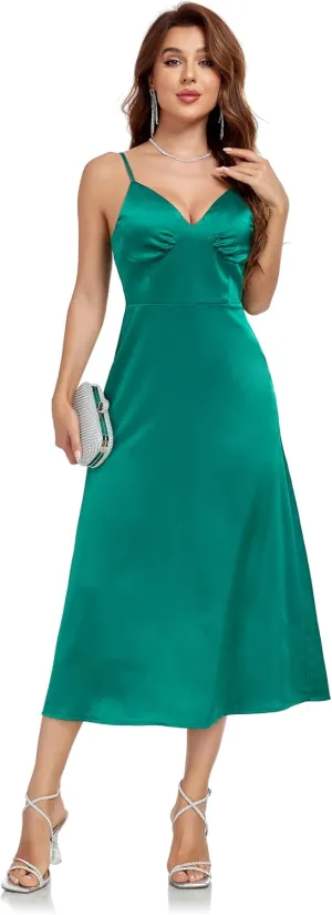 Women's Spaghetti Strap Midi Satin Silk Dress Slip V Neck Cocktail Casual Party Sexy Summer Dresses