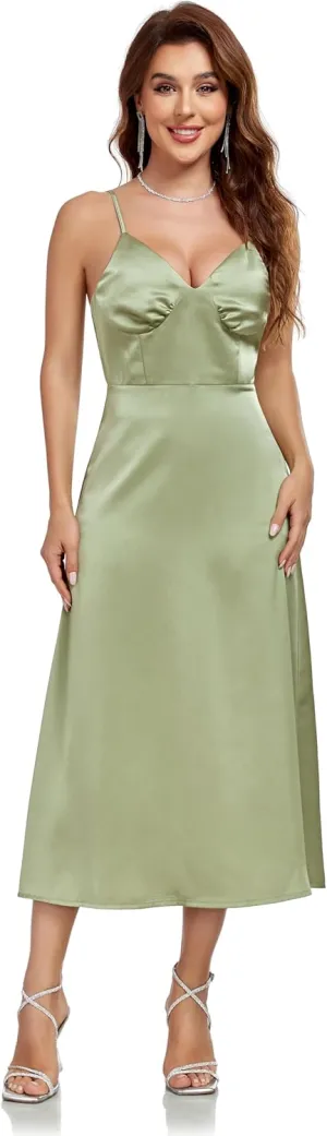 Women's Spaghetti Strap Midi Satin Silk Dress Slip V Neck Cocktail Casual Party Sexy Summer Dresses