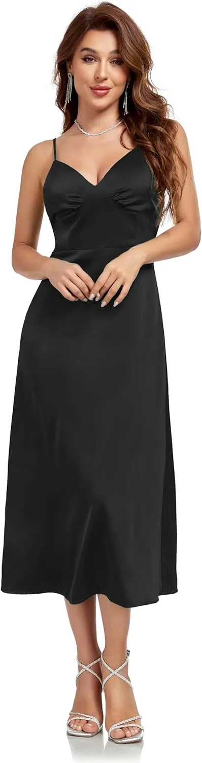 Women's Spaghetti Strap Midi Satin Silk Dress Slip V Neck Cocktail Casual Party Sexy Summer Dresses